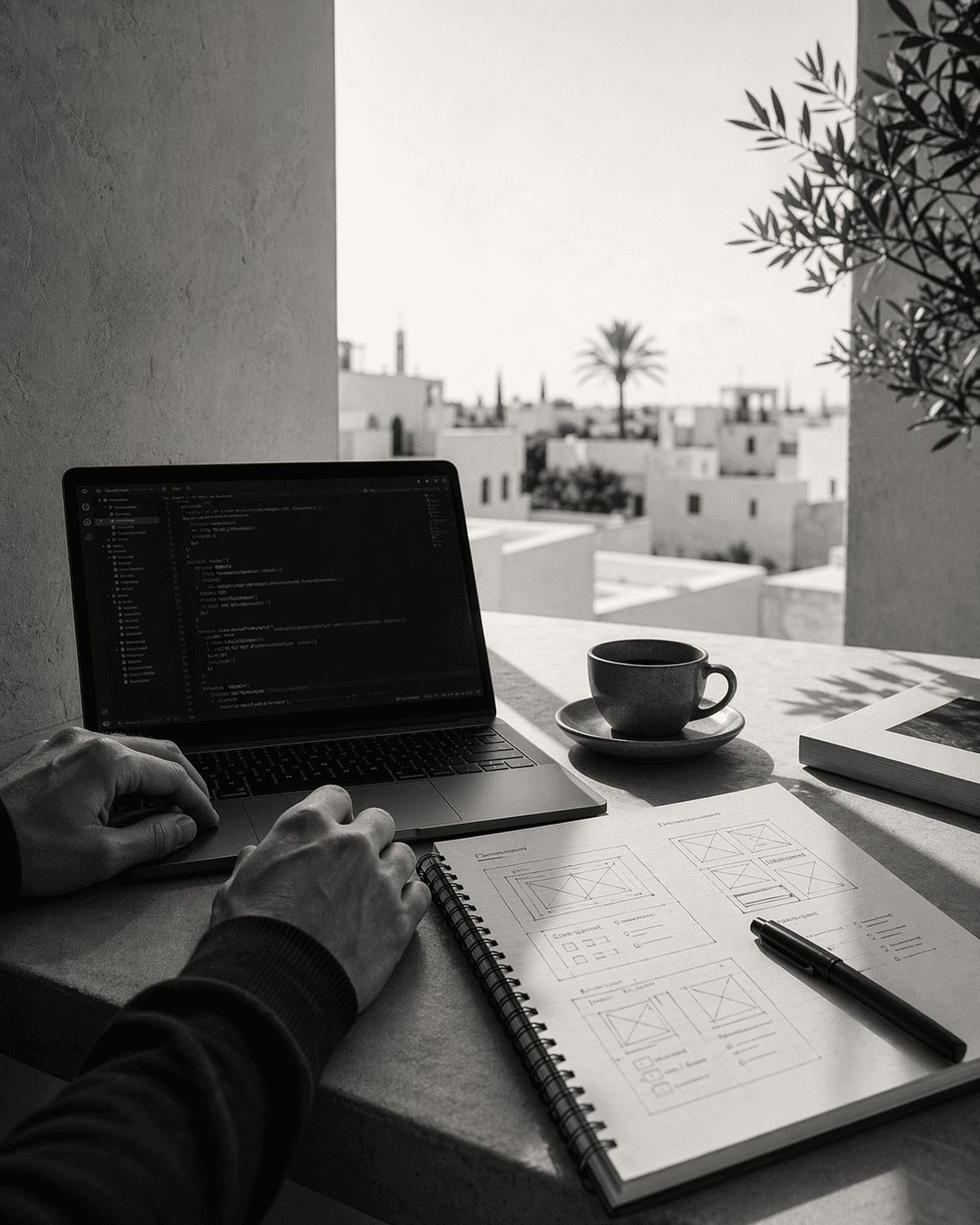 Espace de travail développeur en noir et blanc au Maroc